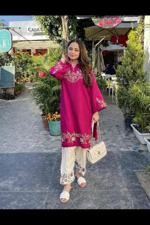 Pink Floral Embroidered Kurti Pant Set