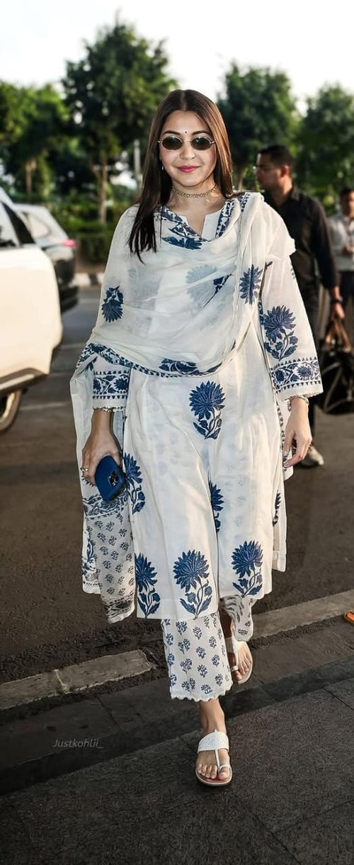 White and Indigo Block Print Cotton Suit Set