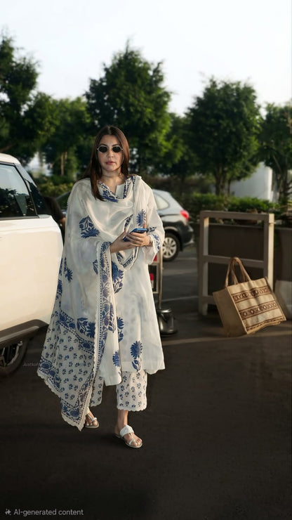 White and Indigo Block Print Cotton Suit Set