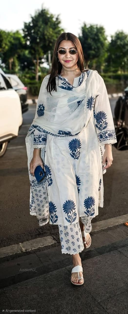 White and Indigo Block Print Cotton Suit Set