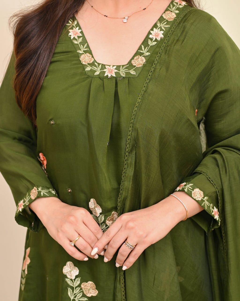 Olive Green Embroidered Suit Set with Dupatta