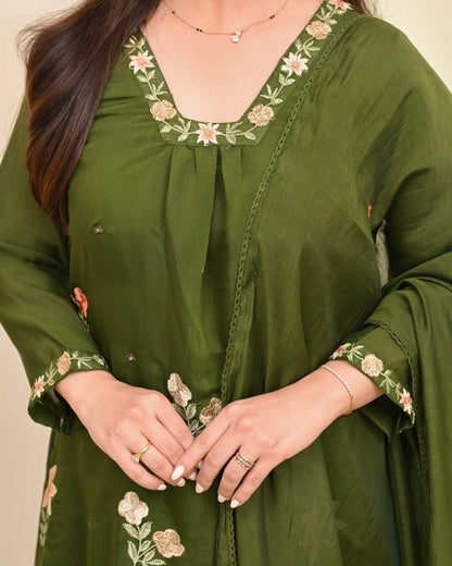 Olive Green Embroidered Suit Set with Dupatta