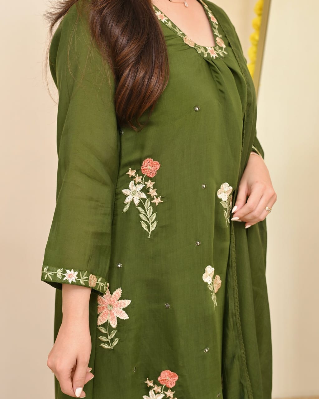 Olive Green Embroidered Suit Set with Dupatta