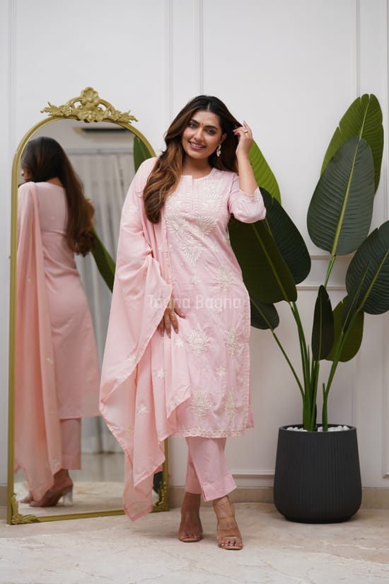 Pink Embroidered Suit Set with Dupatta