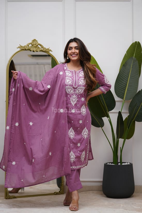 Mauve Pink Embroidered Suit Set with Dupatta