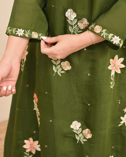 Olive Green Embroidered Suit Set with Dupatta