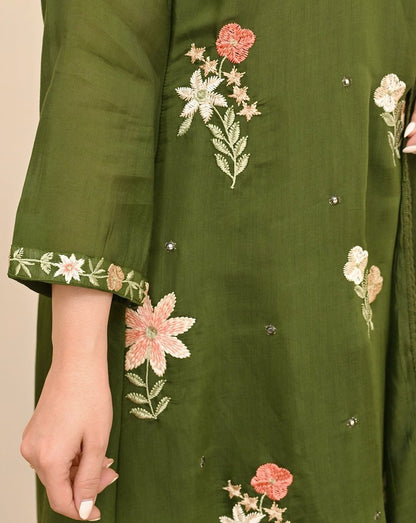 Olive Green Embroidered Suit Set with Dupatta