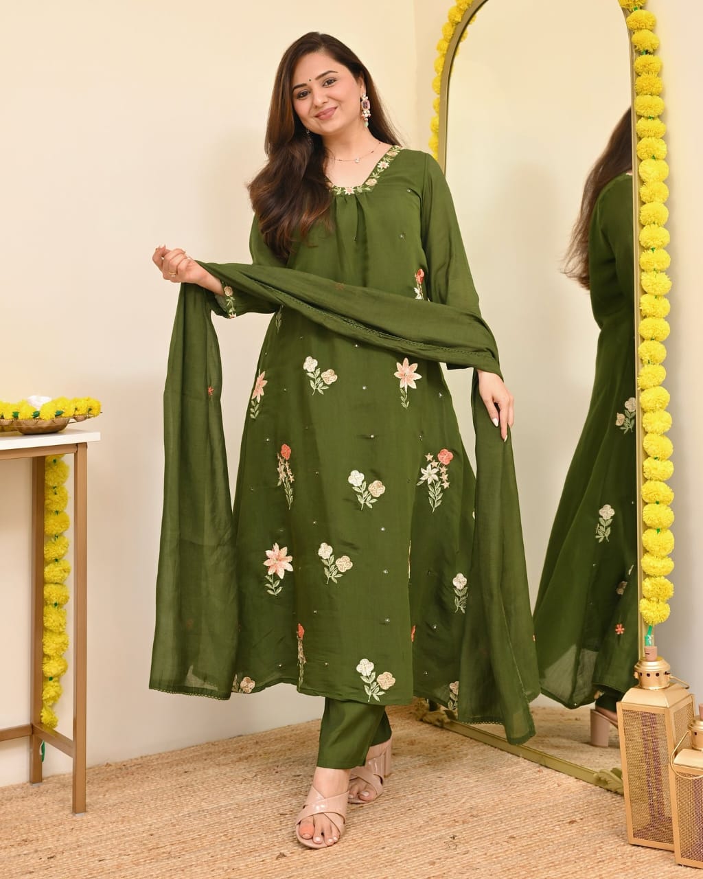 Olive Green Embroidered Suit Set with Dupatta