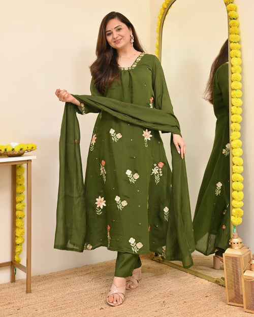 Olive Green Embroidered Suit Set with Dupatta