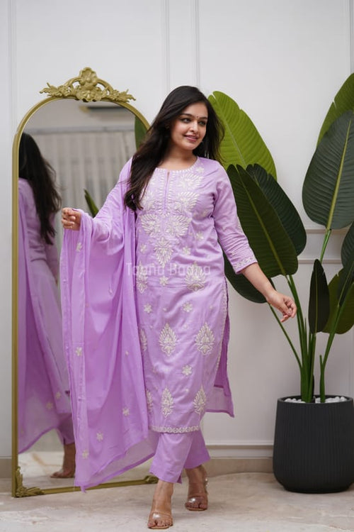 Purple Embroidered Suit Set with Dupatta