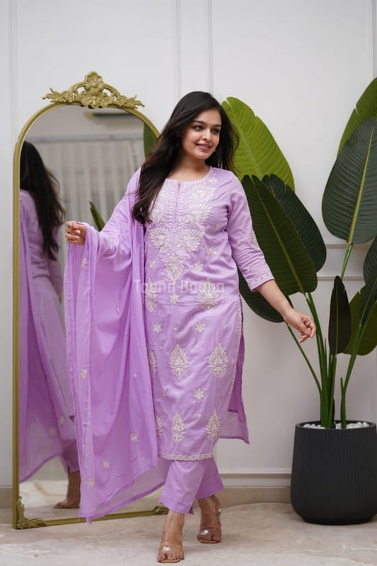 Purple Embroidered Suit Set with Dupatta