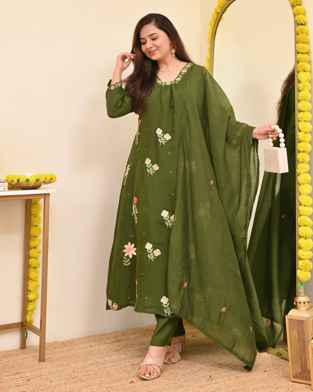 Olive Green Embroidered Suit Set with Dupatta