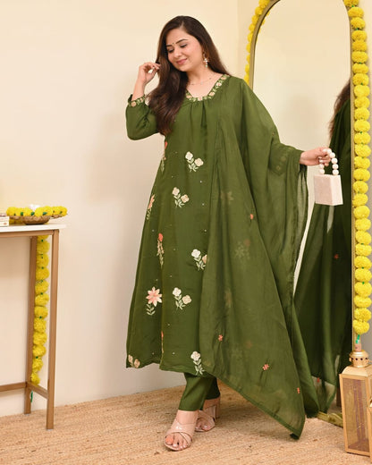 Olive Green Embroidered Suit Set with Dupatta