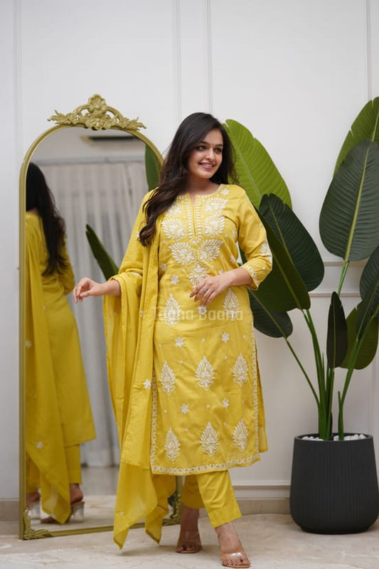 Yellow Embroidered Suit Set with Dupatta