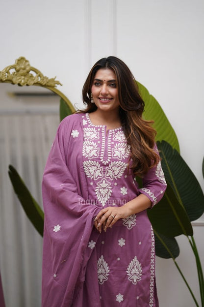 Mauve Pink Embroidered Suit Set with Dupatta