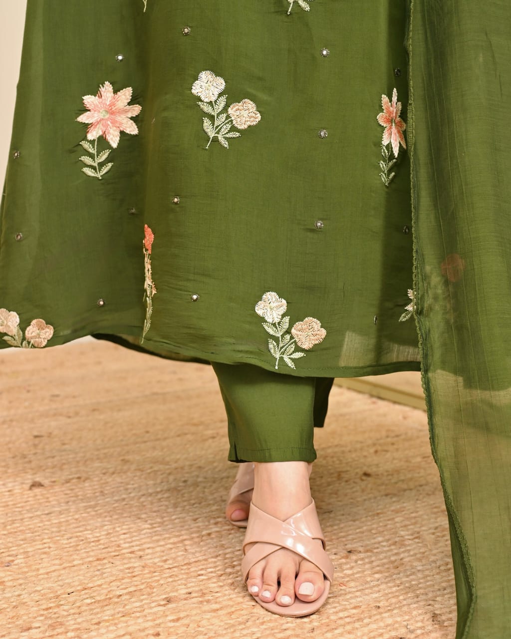 Olive Green Embroidered Suit Set with Dupatta