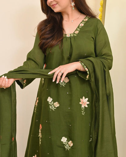 Olive Green Embroidered Suit Set with Dupatta