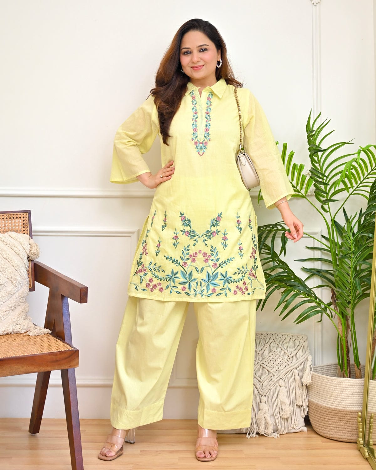 Pastel Yellow Floral Embroidered Kurti Palazzo Set