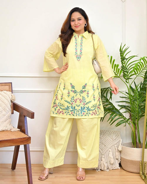 Pastel Yellow Floral Embroidered Kurti Palazzo Set