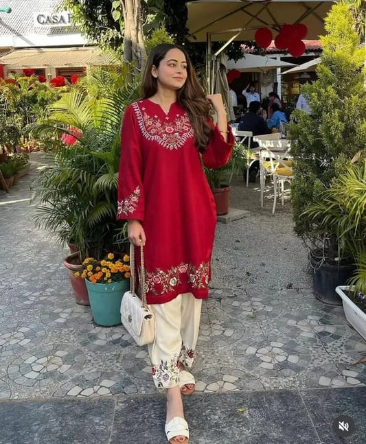 Red Floral Embroidered Kurti Pant Set