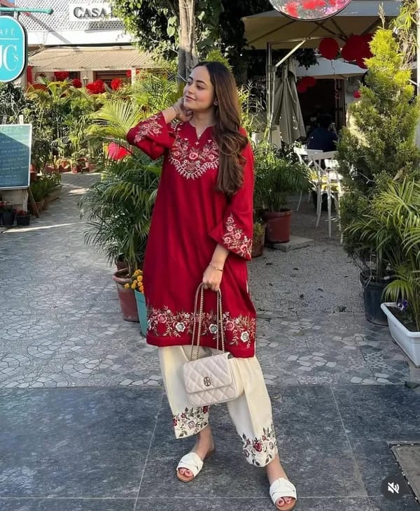 Red Floral Embroidered Kurti Pant Set