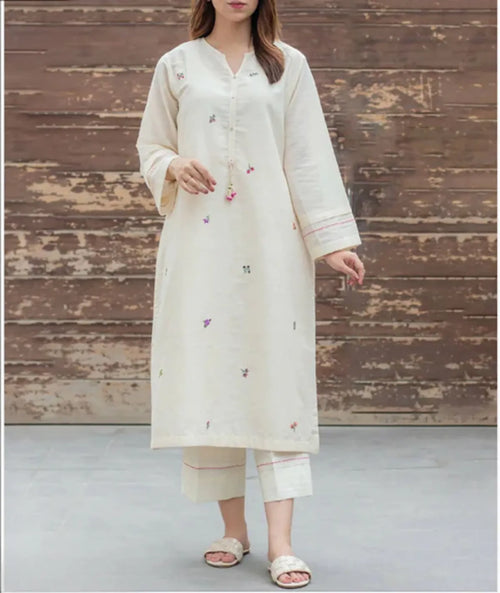 White Cotton Floral Embroidered Kurti Set
