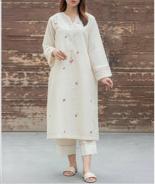 White Cotton Floral Embroidered Kurti Set