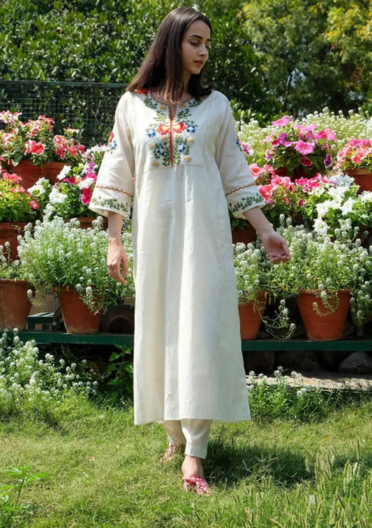 White Cotton Floral Embroidered Kurti Set