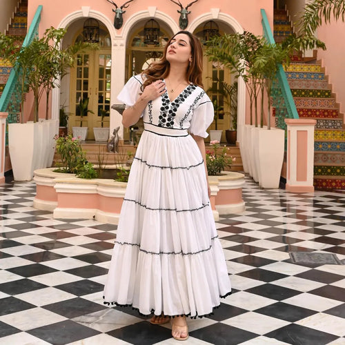 White and Black Embroidered Tiered Maxi Dress