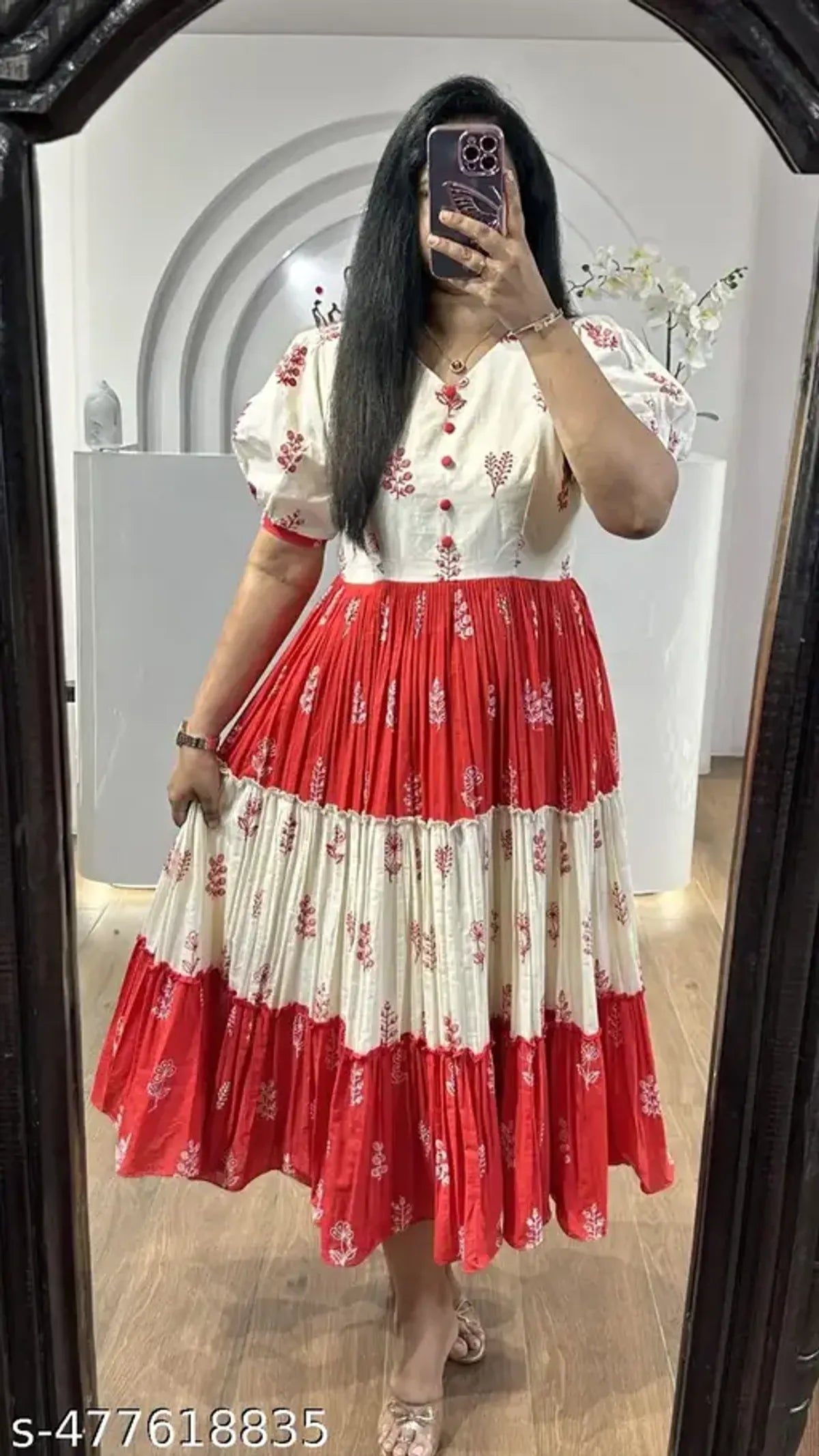 Red and White Block Print Tiered Maxi Dress