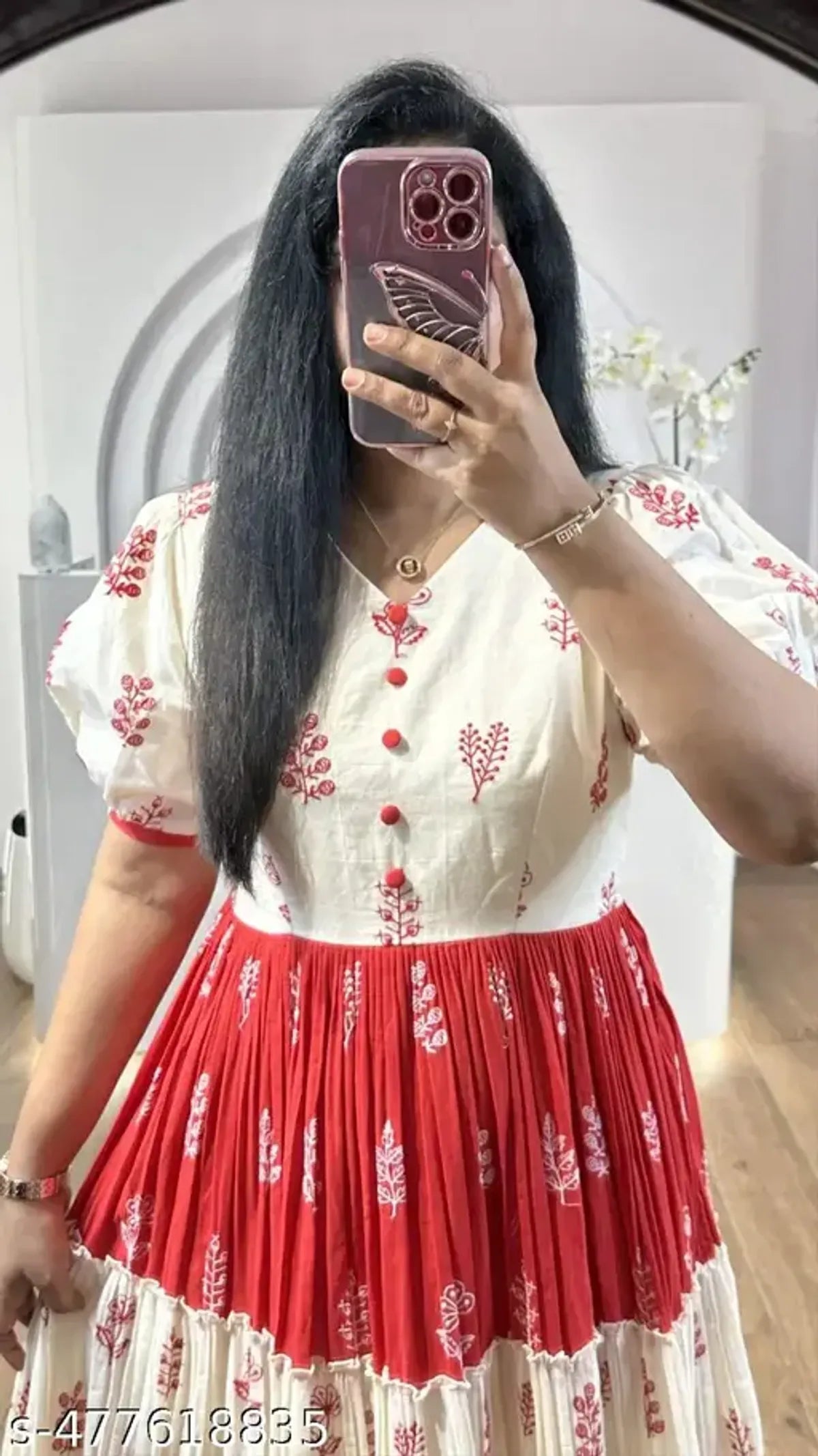 Red and White Block Print Tiered Maxi Dress