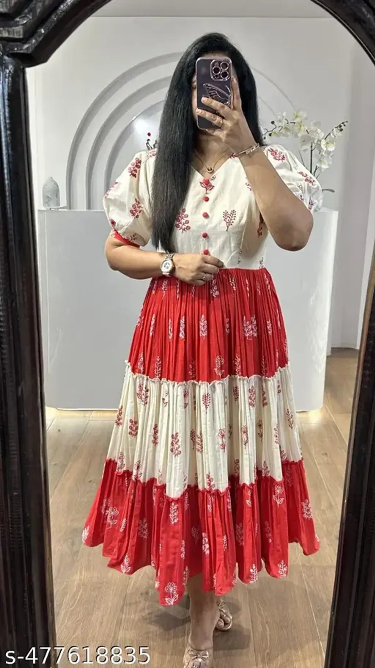 Red and White Block Print Tiered Maxi Dress